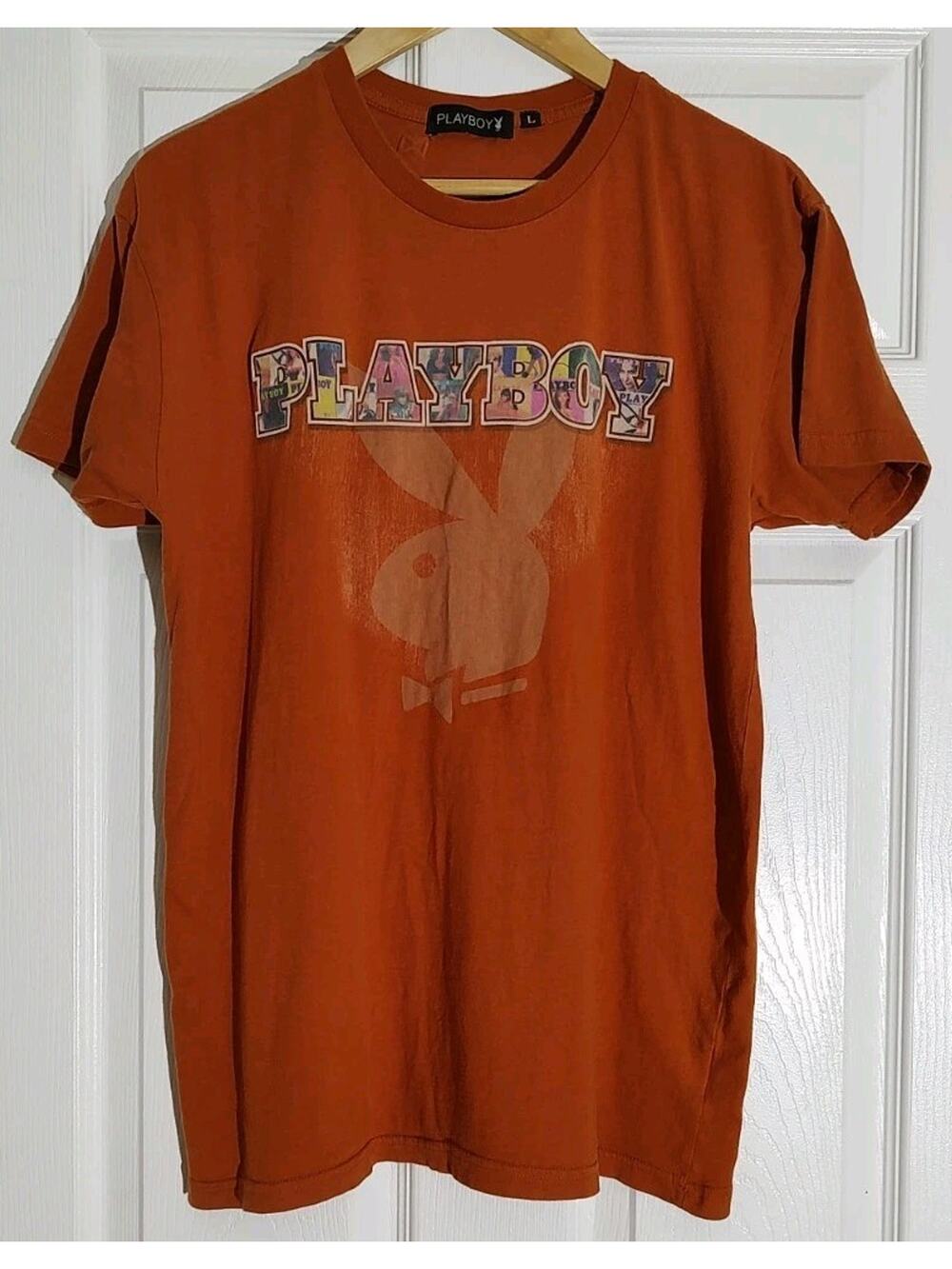Men's Distressed Playboy "Magazine Covers" Orange Rust T Shirt - Large